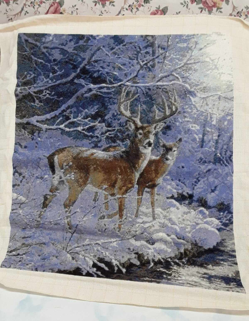 large STAG and DOE is a beautiful finished Bulgarian gobelin, Needle Point unframed
